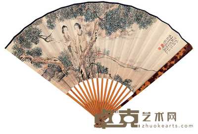 徐菊庵 辛未（1931年）作 桐荫双美图 成扇 